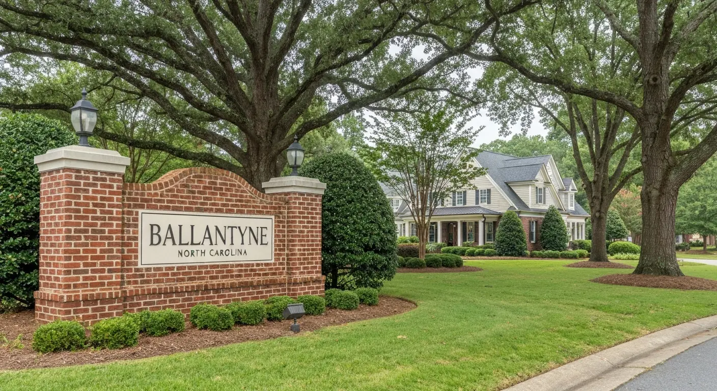 Living In Ballantyne Nc Tlg Living in Ballantyne NC: tree-lined neighborhood entrance
