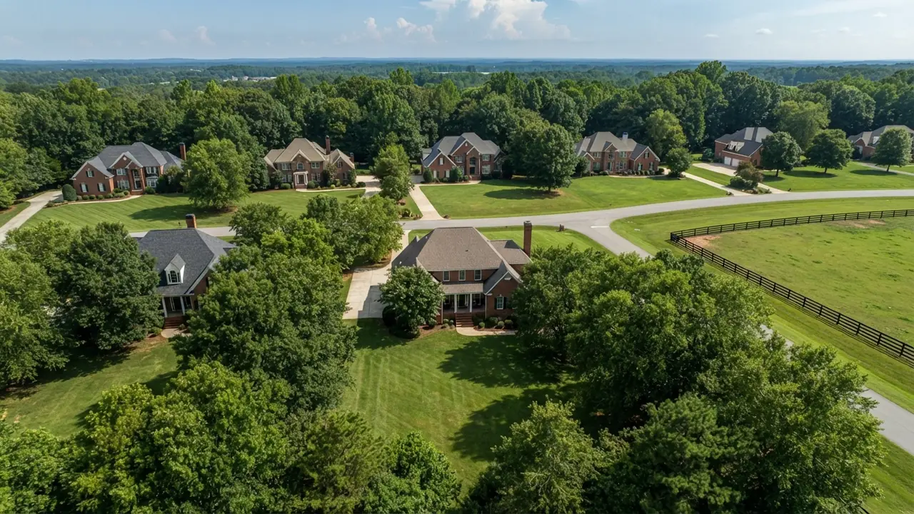 Living in Marvin NC: one-acre lots and mature tree canopy Aerial view of living in Marvin NC, one-acre estate lots on a winding two-lane road with mature hardwoods