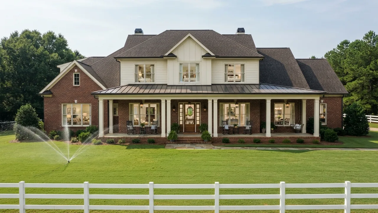 Lot sizes in Marvin NC: large-lot home behind a white board fence Long white fence and open lawn in front of a large home, showing typical lot sizes in Marvin NC