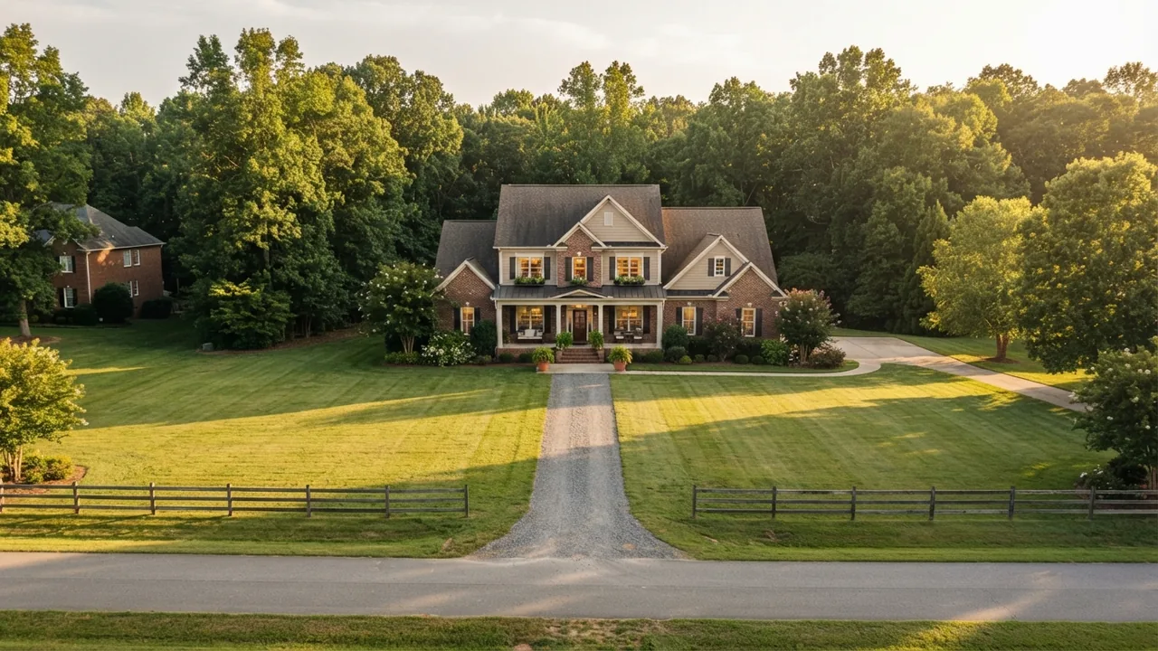Lot sizes in Weddington NC Large lot sizes in Weddington NC shown by a brick home set far back from a two lane road behind a long driveway at golden hour
