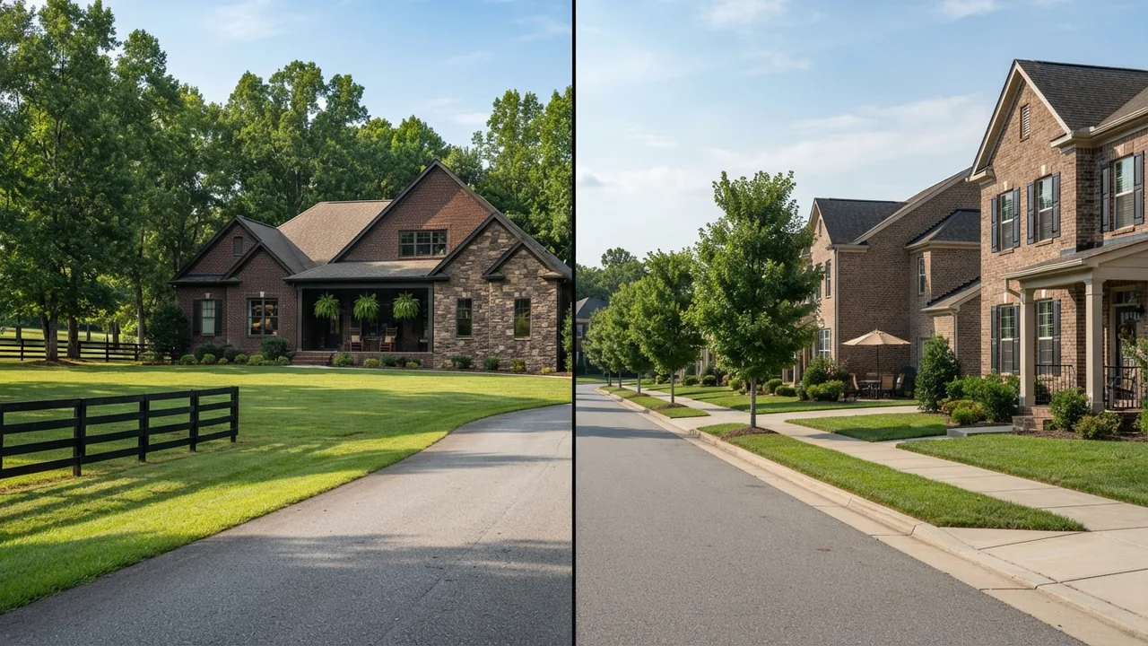 Marvin vs Ballantyne NC compared Marvin vs Ballantyne compared: a large-lot street in Marvin NC beside a compact Ballantyne street in south Charlotte