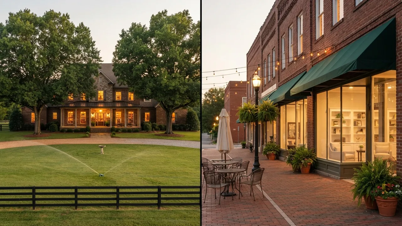 Marvin vs Waxhaw NC: acreage and a walkable main street compared Marvin vs Waxhaw NC compared at golden hour: a lit home on acreage beside downtown Waxhaw storefronts and cafe tables