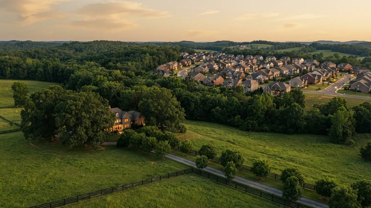Marvin vs waxhaw nc: property taxes, lot sizes, and where your money buys more 2 The marvin vs waxhaw nc lot size difference at dusk, one home on multiple acres beside a densely packed subdivision