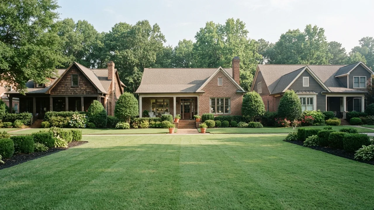 Matthews NC HOA fees: a maintained suburban neighborhood A street of well-kept houses in a suburban neighborhood, the kind of upkeep Matthews NC HOA fees pay for. Illustrative scene, not a specific Matthews community.