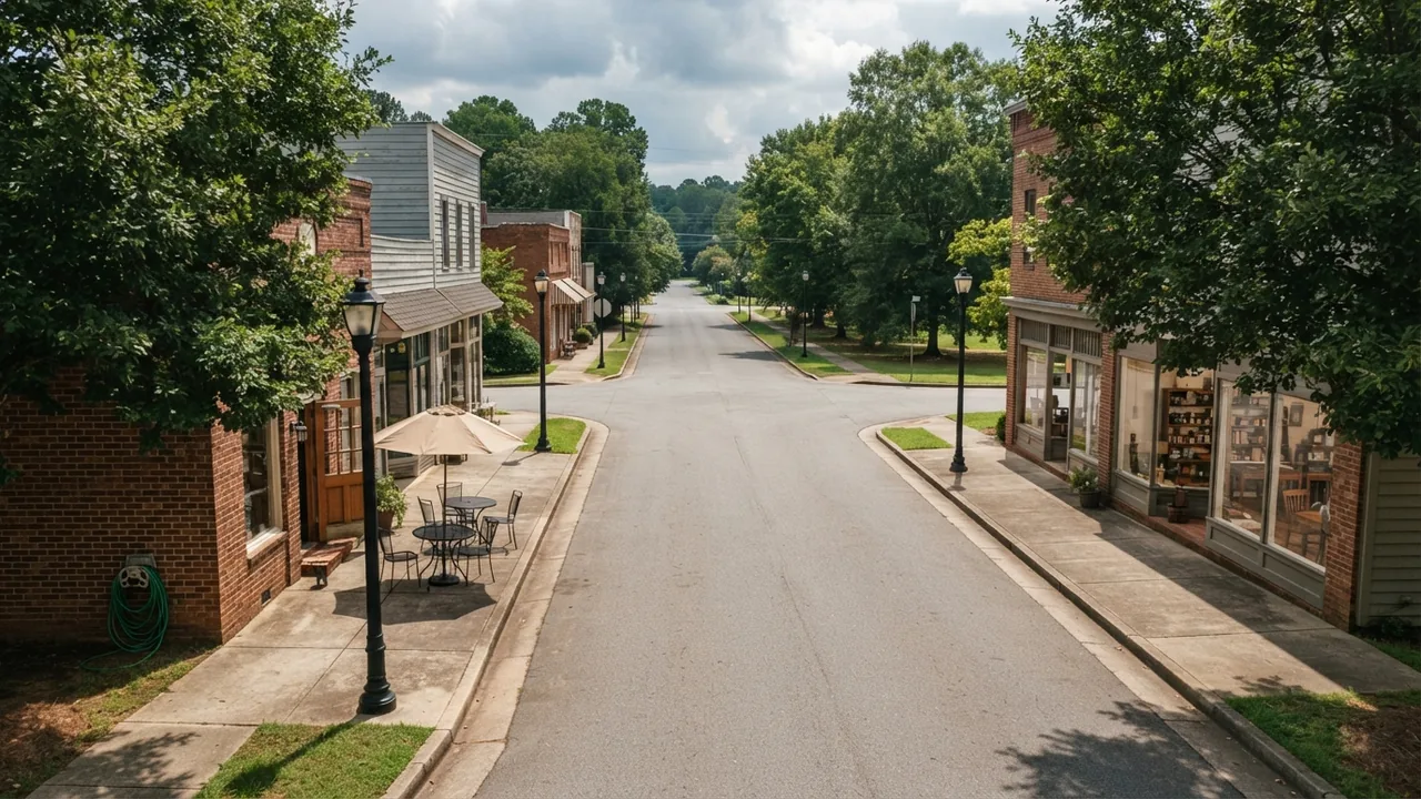 Mint Hill commute town center Small town center on the Mint Hill commute route into Charlotte, storefronts and full summer tree canopy