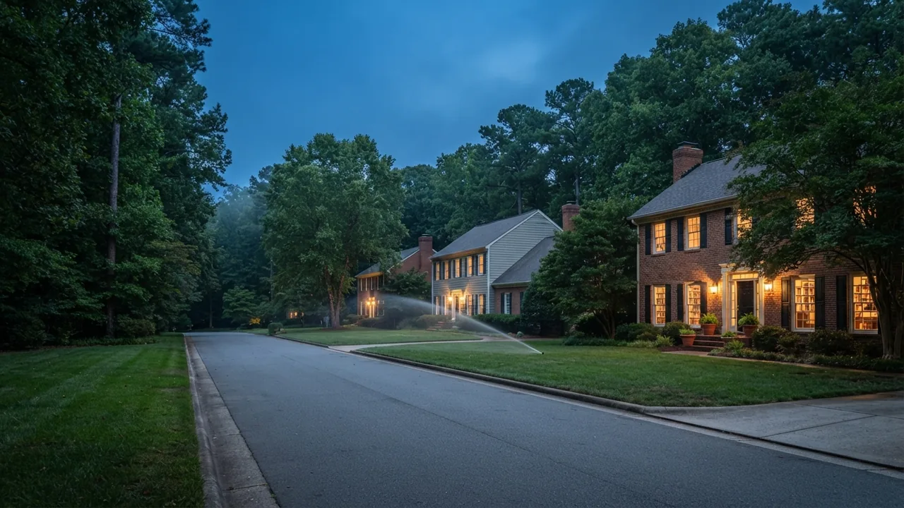 Residential street inside the Mint Hill town limits A residential street at dusk inside the Mint Hill town limits in North Carolina, with lit porches and mature trees