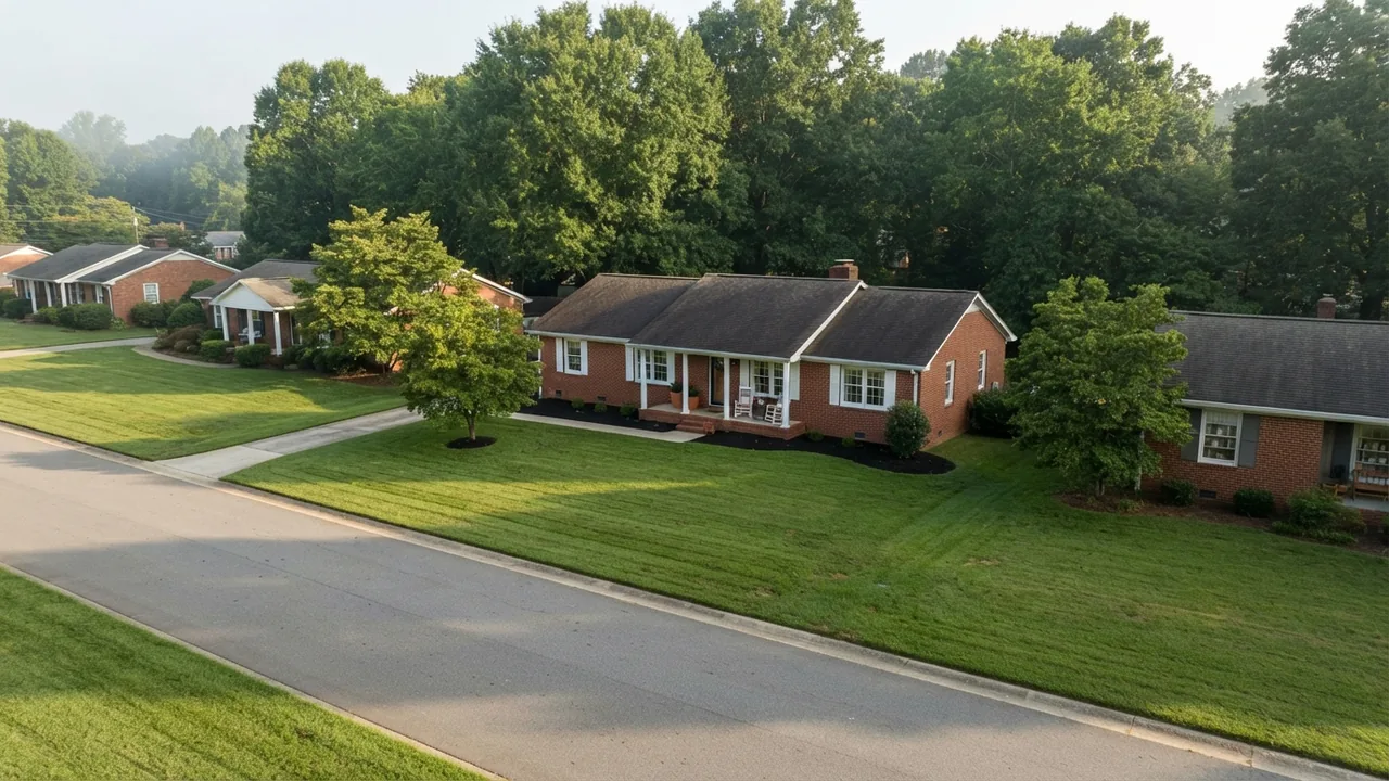 monroe-city-limits-union-county-residential-street A quiet street of single-storey brick homes on wide lawns under mature shade trees, an illustrative look at the kind of established neighborhood found on either side of the Monroe city limits in Union County