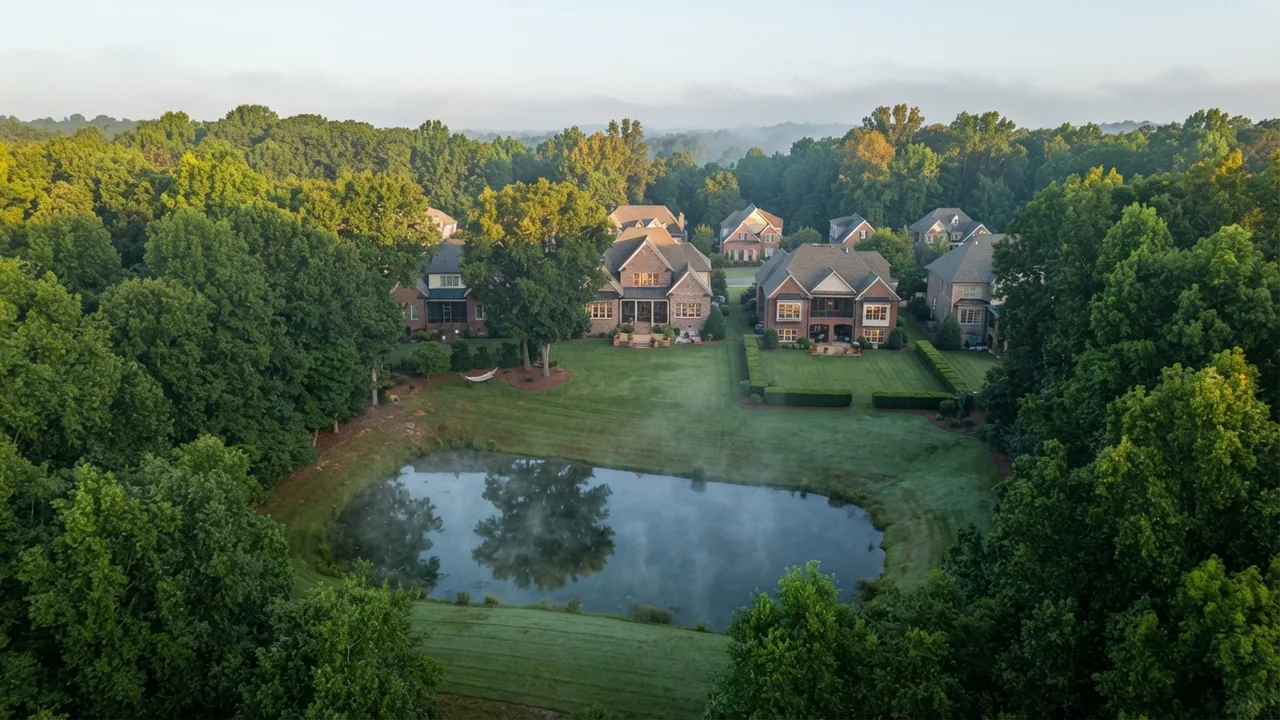 Monroe NC HOA fees: subdivision common area Aerial view of a Piedmont subdivision pond and shared green, the kind of common area Monroe NC HOA fees pay to maintain. Illustrative, not a specific Monroe neighborhood.