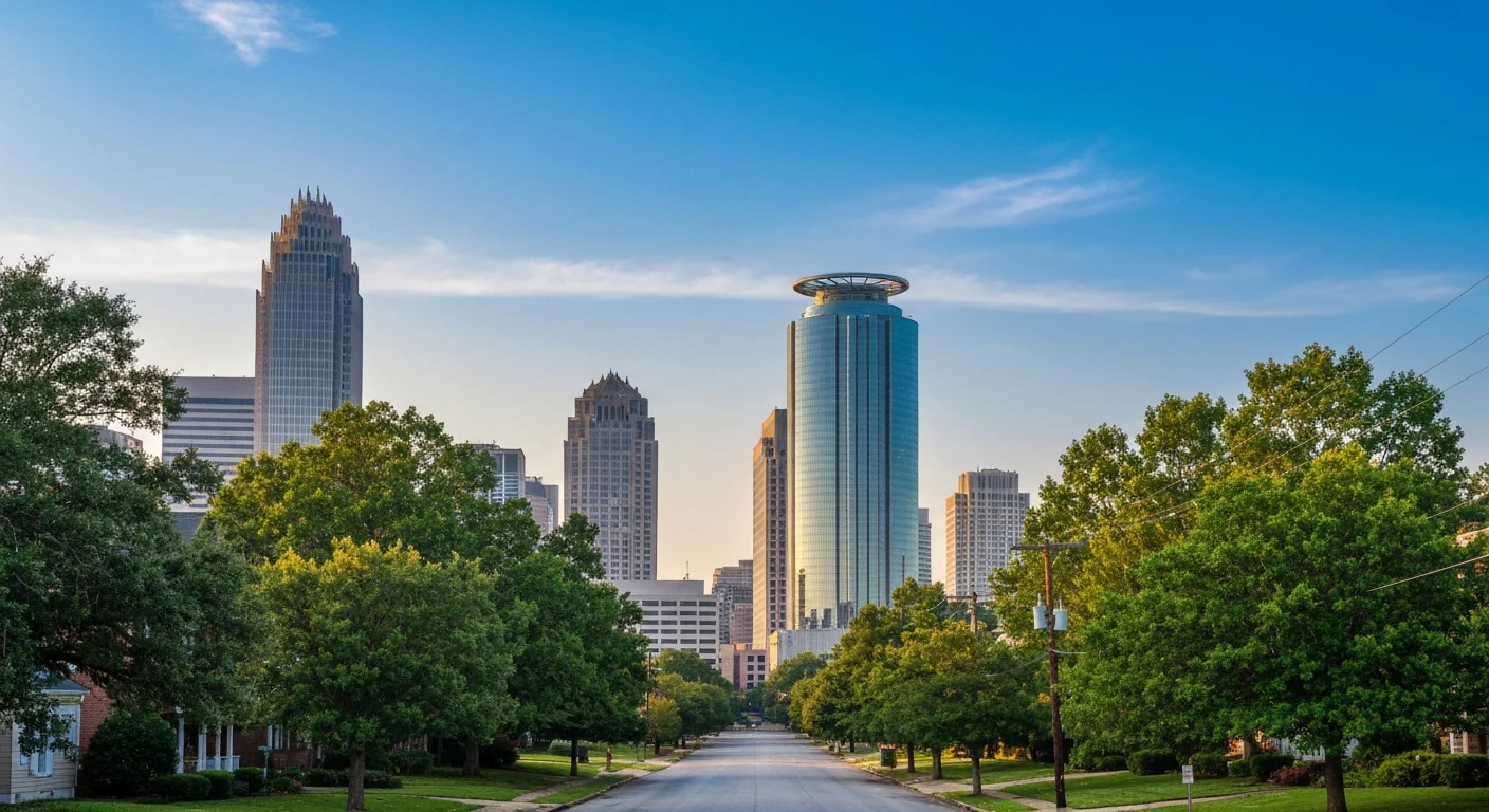 Moving From Nyc To Charlotte Nc Charlotte NC Uptown skyline framed by green trees, moving from NYC to Charlotte with The Longleaf Group