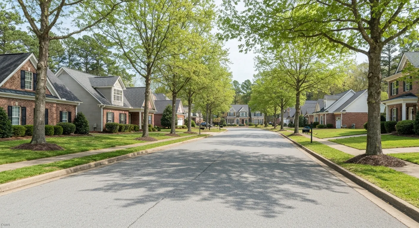 Pros and cons of living in monroe nc: a 2026 buyer's guide 1 Quiet suburban neighborhood street in monroe nc, brick and hardie-board homes with mature trees