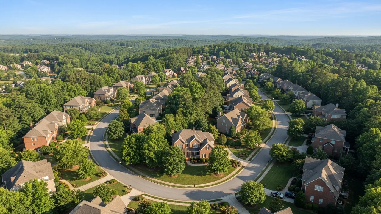 Selling a house in Fort Mill SC neighborhood aerial Aerial view of a suburban neighborhood showing the comparable homes behind selling a house in Fort Mill SC