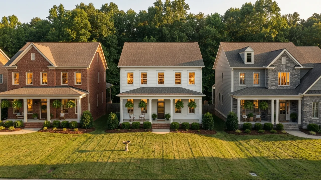 Selling a house in Matthews NC: established neighborhood at golden hour Three two-storey homes with lit front porches at golden hour, the kind of established block where selling a house in Matthews NC begins