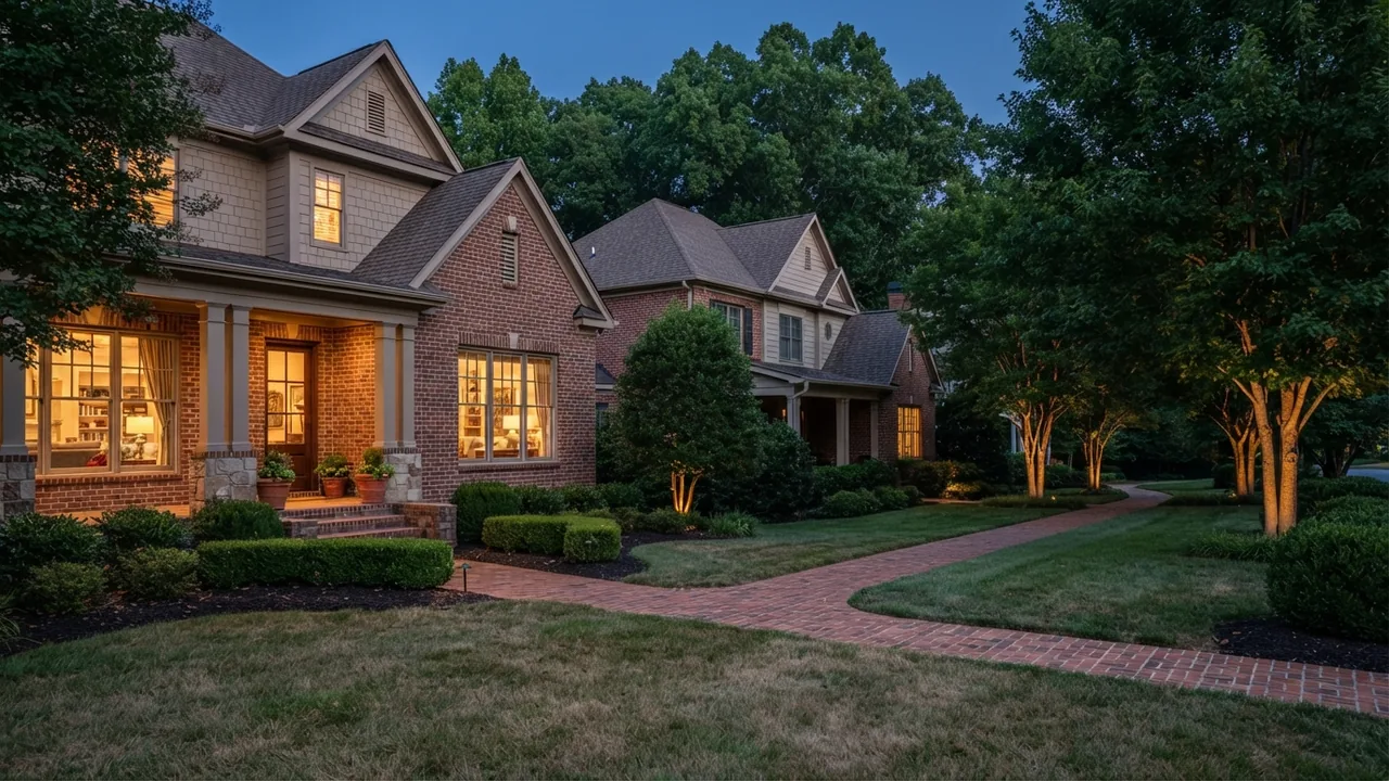 Selling a house in Monroe NC: an established Piedmont street at dusk Lit houses on an established Piedmont street at dusk, showing what selling a house in Monroe NC looks like from the curb. Illustrative scene, not a specific Monroe street.