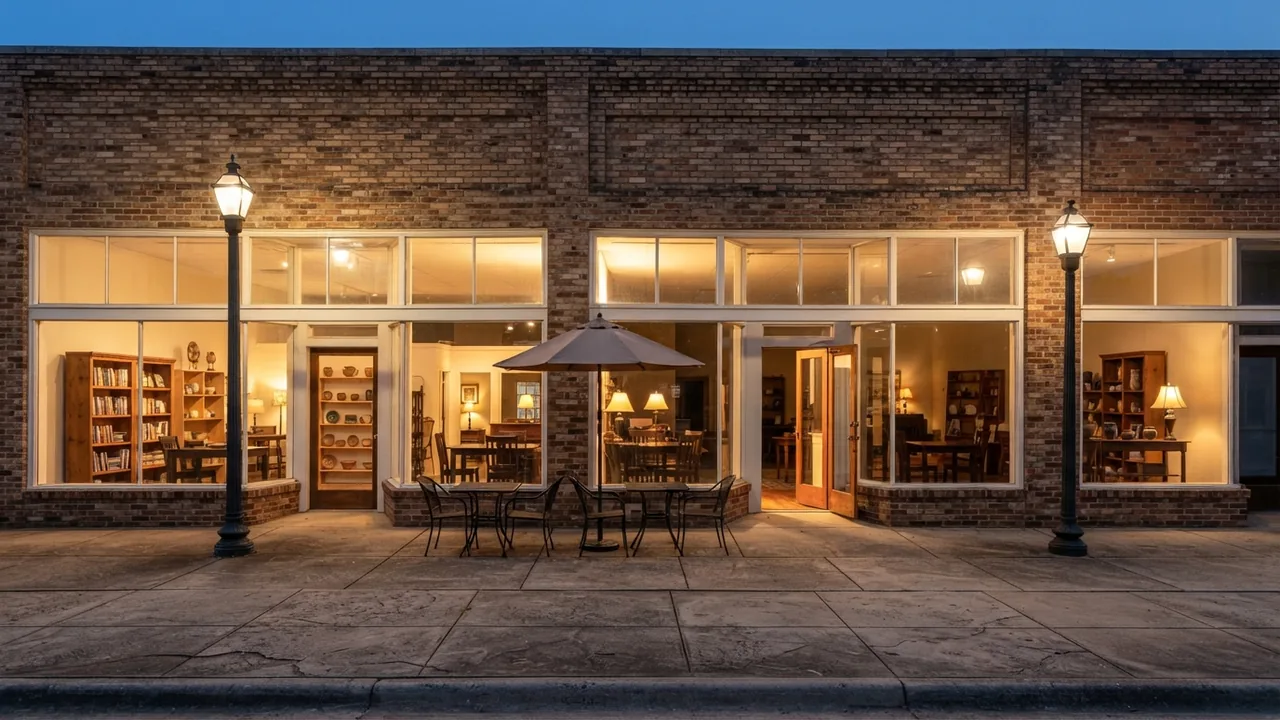 Selling a house in Waxhaw NC: downtown Waxhaw at dusk Lit downtown Waxhaw NC storefronts at dusk, the local market behind selling a house in Waxhaw