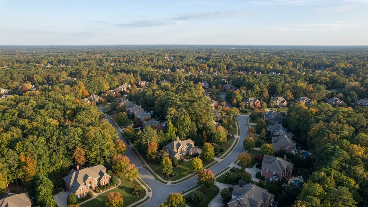 South Charlotte housing market report September 2026 Aerial view of South Charlotte suburban neighborhoods in early autumn, illustrating the September 2026 South Charlotte housing market report