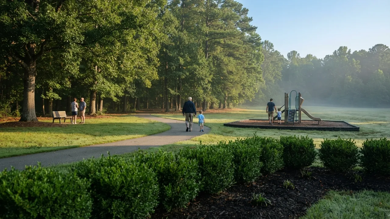 Things to do in Mint Hill NC, town park on a September morning A town park path and playground in use on a late summer morning, illustrating the things to do in Mint Hill NC