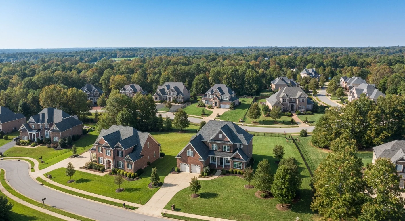 Union County Nc Property Tax Rates Featured Union County NC property tax rates 2026 aerial view of upscale suburban neighborhood with custom homes on large lots
