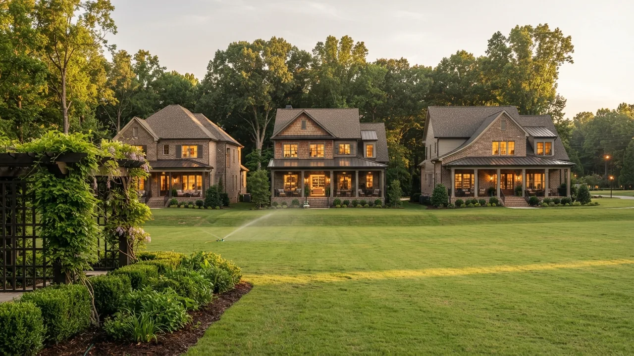 Wesley Chapel NC home prices: what the square footage looks like Large newly built houses set well apart across an open lawn at golden hour, illustrating what Wesley Chapel NC home prices buy in square footage. Illustrative Piedmont scene, not a specific property.