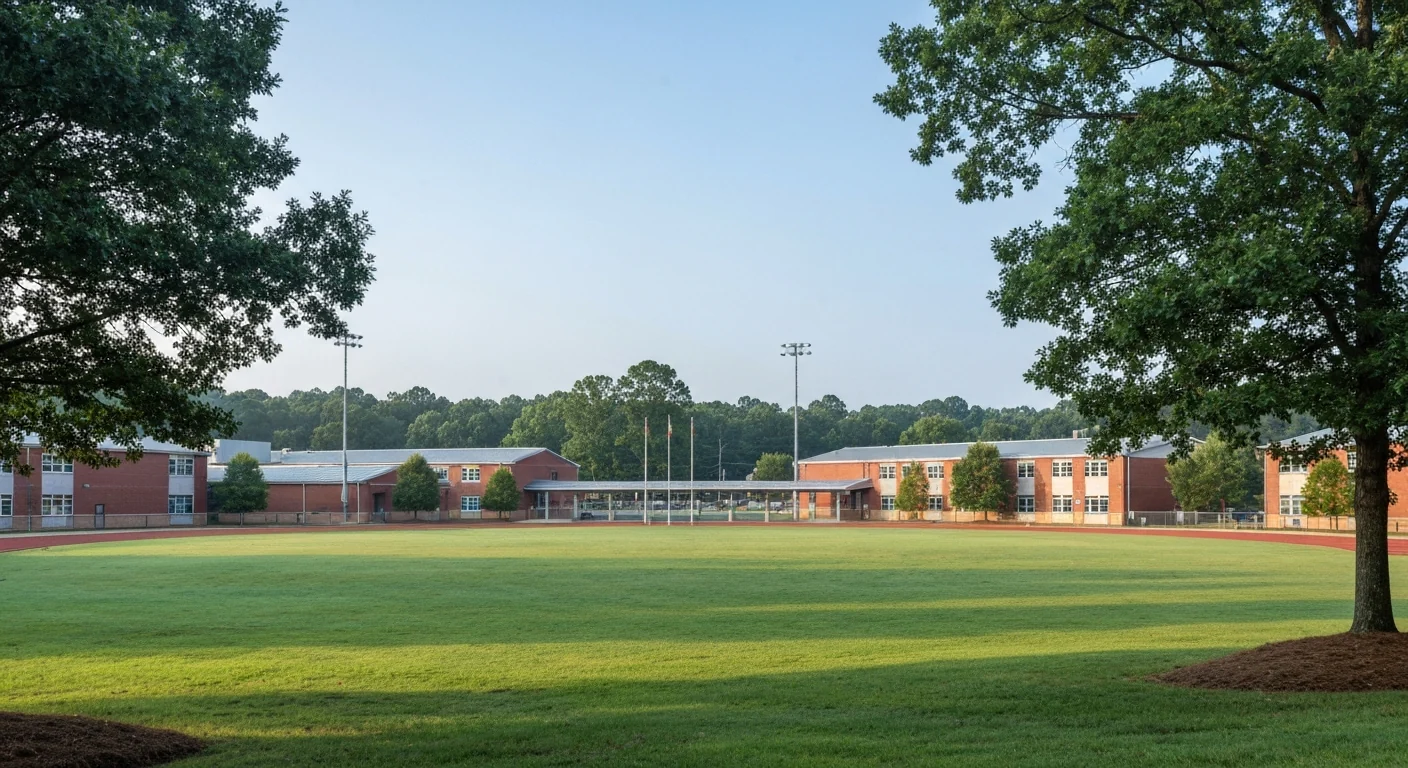 Wesley chapel nc school zoning: weddington or cuthbertson? 2 Brick public school campus behind a green athletic field, similar to the union county schools that wesley chapel nc school zoning assigns by parcel