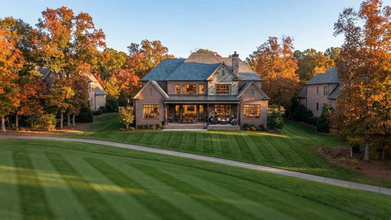 Large brick home above a green golf fairway in late October, an illustrative sce Large brick home above a green golf fairway in late October, an illustrative scene for Ballantyne Country Club homes in Charlotte NC, not a photo of the neighborhood
