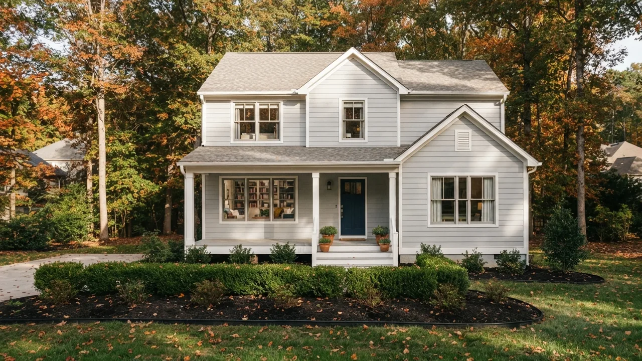 Cheapest places to live near Charlotte NC Illustrative scene for the cheapest places to live near Charlotte NC: a modest two-story home with a covered porch and clipped boxwood in October, not a specific listing or town