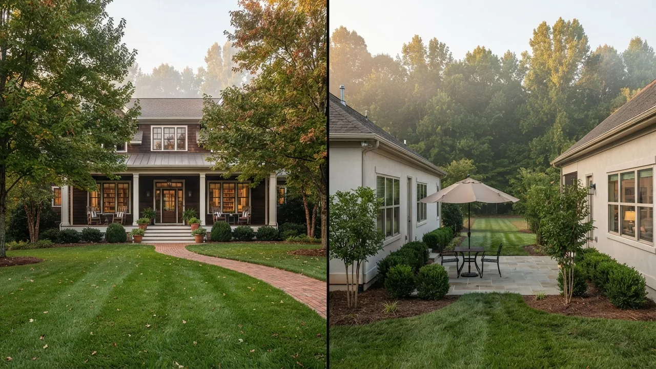 Wesley Chapel NC and Fort Mill SC lots compared Split frame comparing a large lot Wesley Chapel NC property with a smaller Fort Mill SC lot, the two towns behind the Fort Mill SC property tax question. Illustrative scene, not either named town.