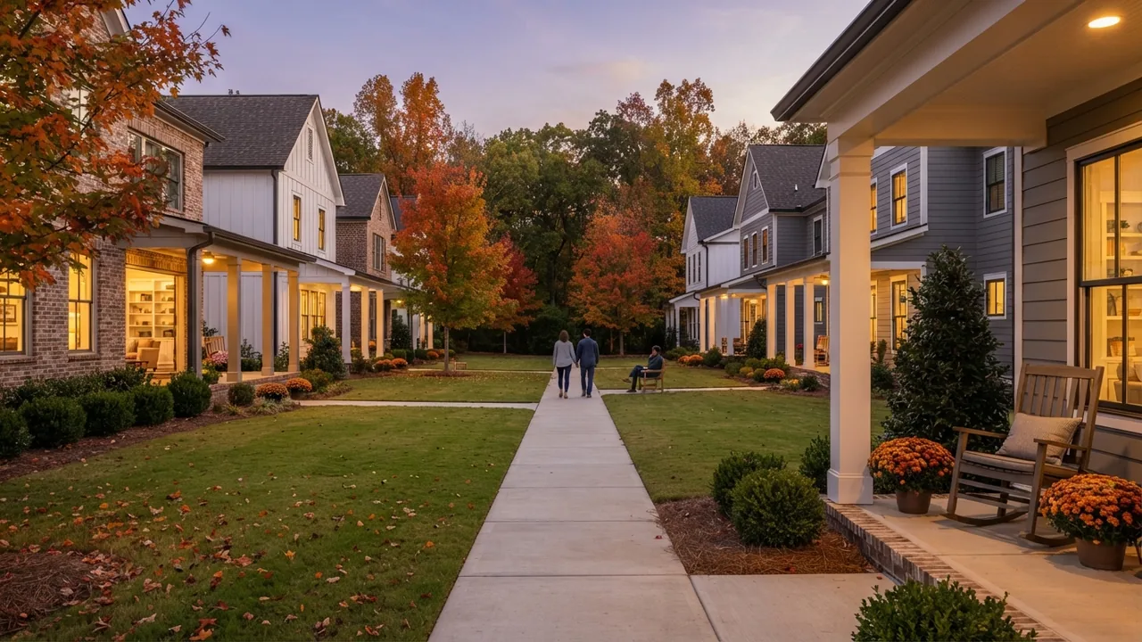 Fort Mill SC ZIP codes, featured image Fort Mill SC ZIP codes: illustrative dusk scene of two people walking a shared neighborhood green between two-story homes in late October, not a specific Fort Mill street