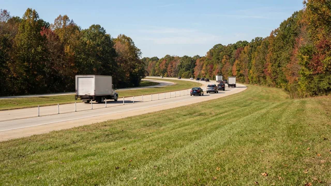 I-485 toll Ballantyne Matthews featured Traffic on a tree-lined suburban interstate in late October, an illustrative scene for the I-485 toll from Ballantyne or Matthews