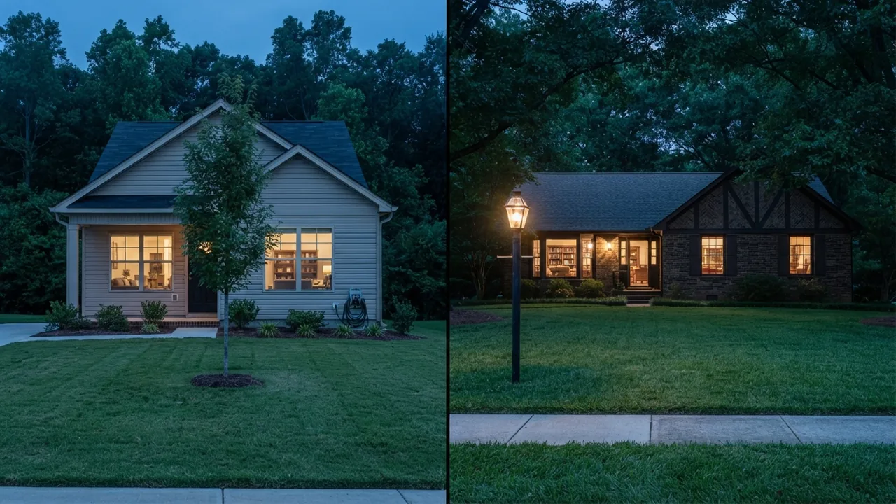Indian Land SC vs Waxhaw NC Indian Land SC vs Waxhaw NC shown as an illustrative split frame, an unincorporated style street beside an incorporated town street with a lit lamp post at dusk