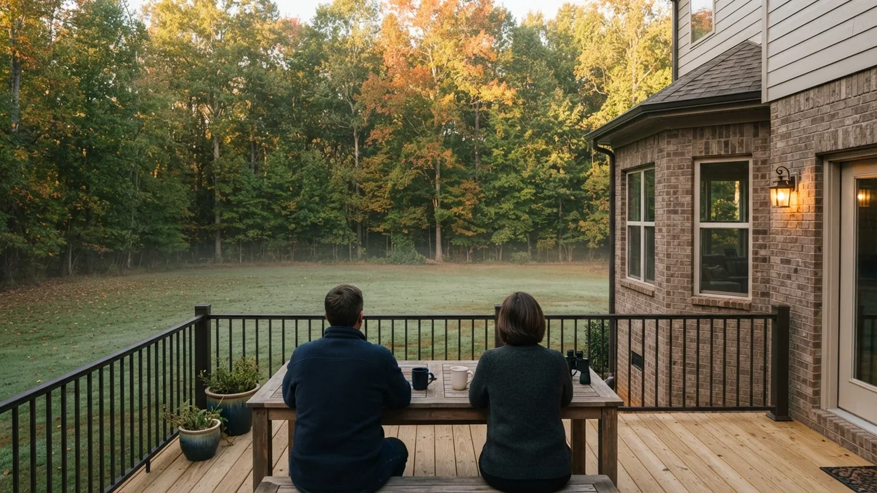 Is 2027 a good year to buy a house in South Charlotte Two people on the back deck of a brick home looking over a misty October backyard, an illustrative scene for the question: is 2027 a good year to buy a house in South Charlotte