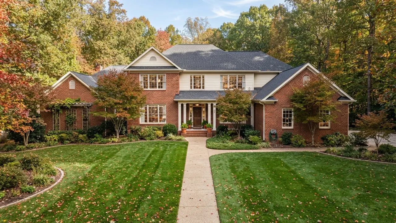 Lot sizes in Waxhaw NC A deep front lawn running back to a brick house, illustrating lot sizes in Waxhaw NC