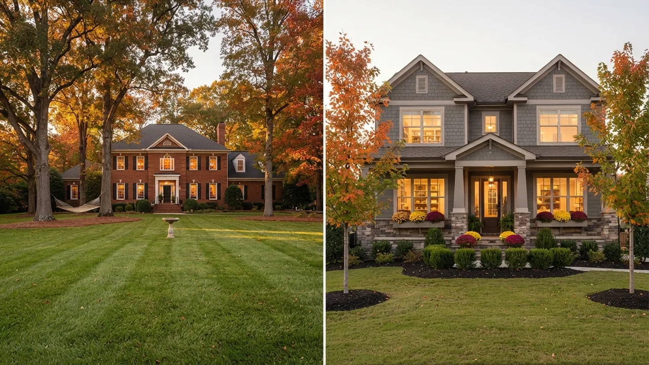 Marvin NC vs Indian Land SC Marvin NC vs Indian Land SC illustrated side by side: a brick home on a deep lawn under turning oaks and a newer craftsman-style home with fall mums, an illustrative scene rather than a specific house