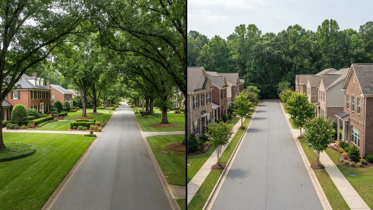 Marvin vs Monroe NC land pattern A split frame of two North Carolina Piedmont residential streets, large wooded lots on the left and compact lots on the right, showing the land pattern behind Marvin vs Monroe NC home prices. Illustrative scene, not either town.