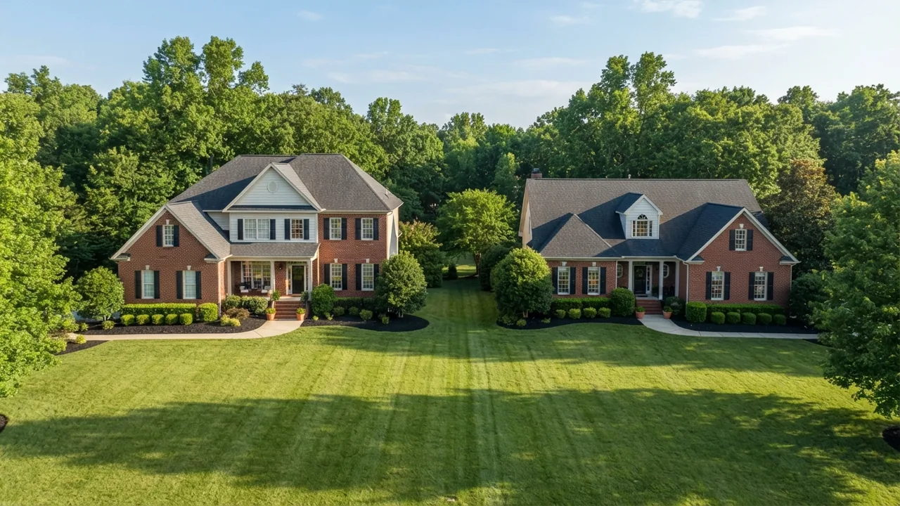 Matthews NC property taxes: established Piedmont houses on generous lots An established street of large brick houses on generous lots in the North Carolina Piedmont, the kind of home Matthews NC property taxes are assessed on. Illustrative scene, not a specific Matthews street.
