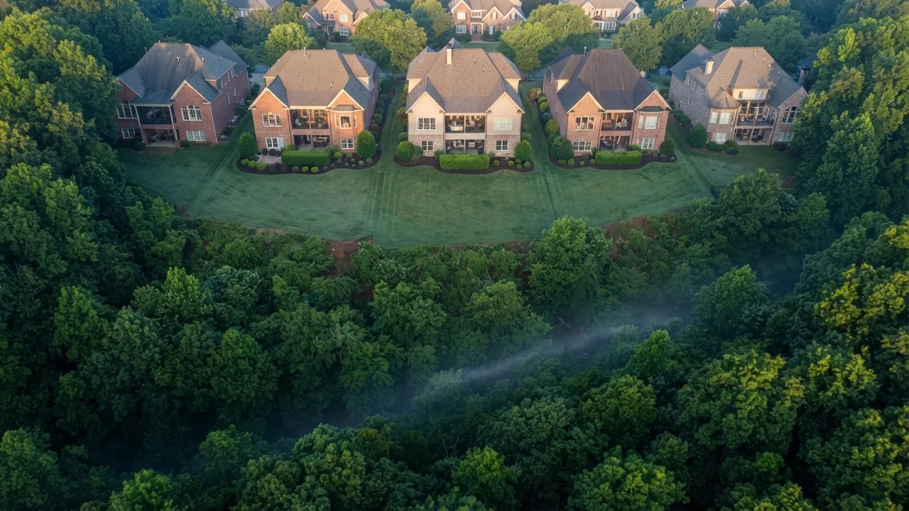 Mint Hill flood zone: back lots dropping into a wooded creek bottom Back lawns of large houses dropping away into a wooded creek bottom holding morning mist, the kind of low ground a Mint Hill flood zone lookup reveals. Illustrative scene, not a named Mint Hill street.