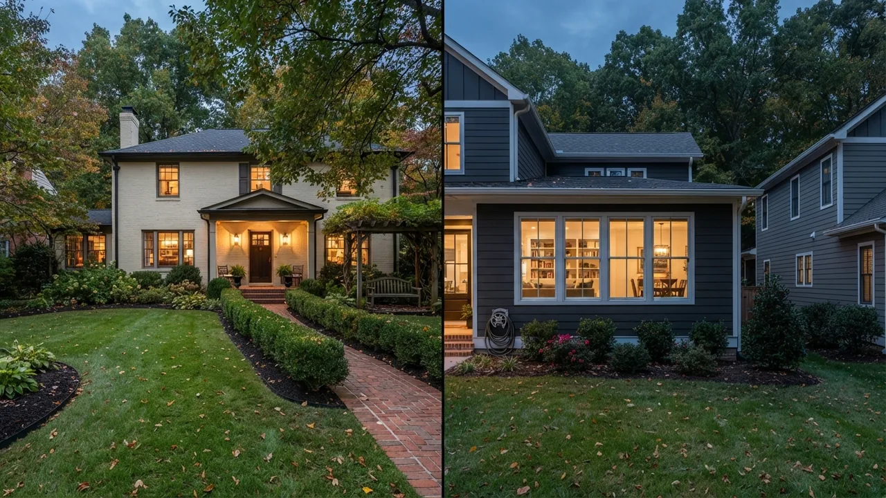 Mint Hill NC property tax rate comparison with Monroe An illustrative dusk scene of two Carolina Piedmont front yards side by side, used here for a Mint Hill NC property tax rate comparison with Monroe rather than a photograph of either town.