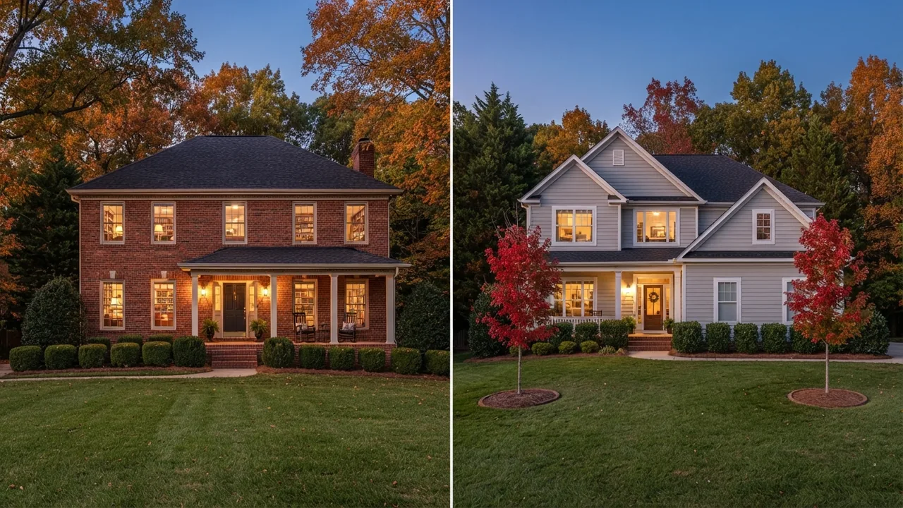 Mint Hill NC vs Indian Trail NC featured Mint Hill NC vs Indian Trail NC, an illustrative split view of an older brick two-story home and a newer gray-sided two-story home at dusk in October