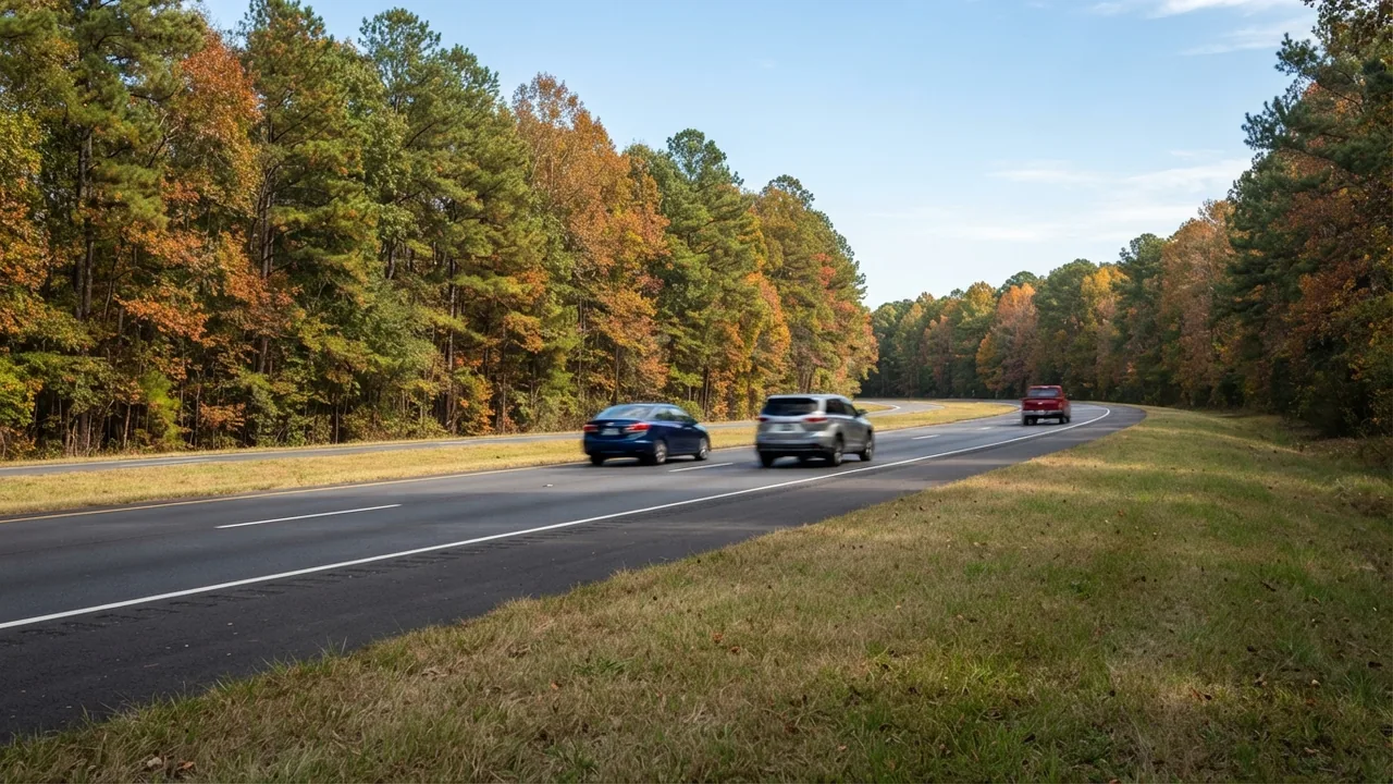 Monroe Expressway toll cost, illustrative expressway scene Cars on a divided four-lane expressway through autumn woods, an illustrative scene for a post on Monroe Expressway toll cost, not the road itself