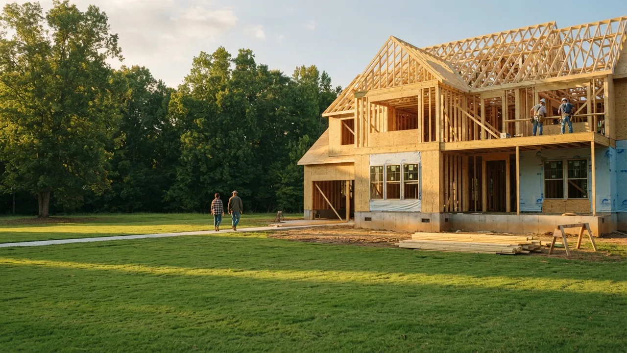 New construction in Wesley Chapel NC, a house framed on a one acre lot New construction in Wesley Chapel NC sits on large lots, shown here by a house being framed on a one acre Union County lot at golden hour. Illustrative scene, not a specific community.