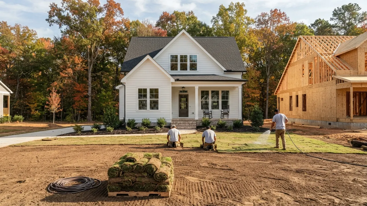 Crew laying new sod in front of a finished house beside a home still being framed, illustrating new construction in Union County NC in late October