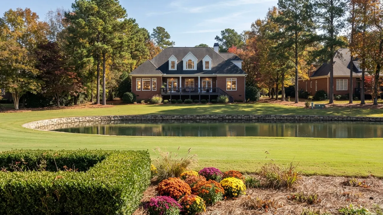 Brick two-story home across a golf course pond in fall, an illustrative scene fo Brick two-story home across a golf course pond in fall, an illustrative scene for Providence Country Club Charlotte homes, not a photo of the neighborhood