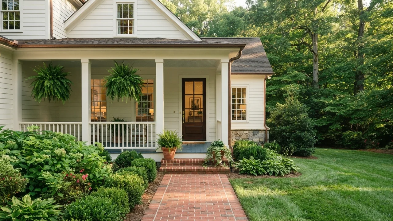 Rent or buy in Fort Mill SC The front porch and brick walk of a Piedmont house, an illustrative scene rather than a specific property, for a guide on whether to rent or buy in Fort Mill SC