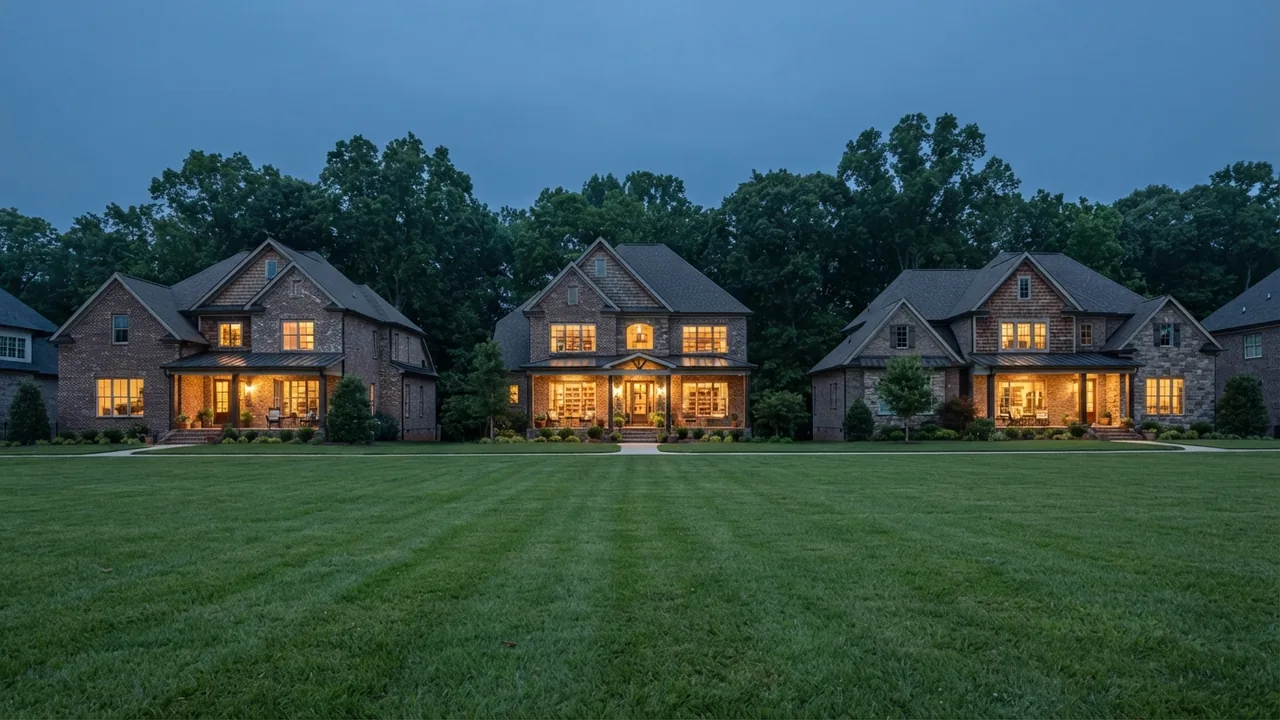 South Charlotte housing market report July 2026 a South Charlotte neighborhood green at dusk with lit homes beyond, illustrating the July 2026 South Charlotte housing market report