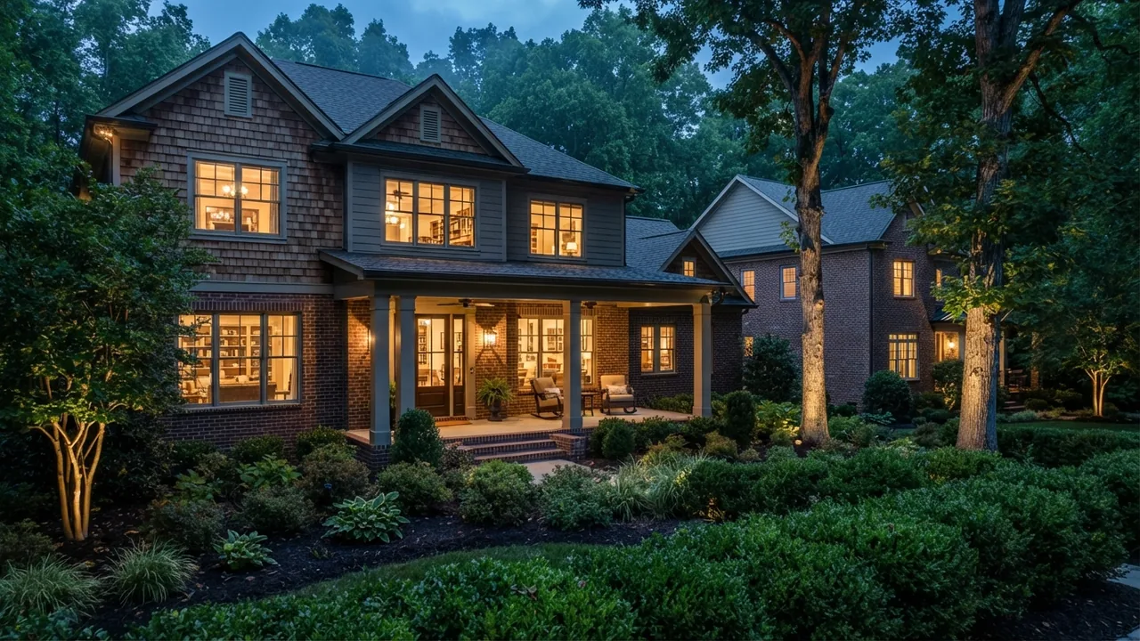 South Charlotte housing market report October 2026 A South Charlotte residential street at dusk with lit windows and mature canopy, illustrating the October 2026 South Charlotte housing market report