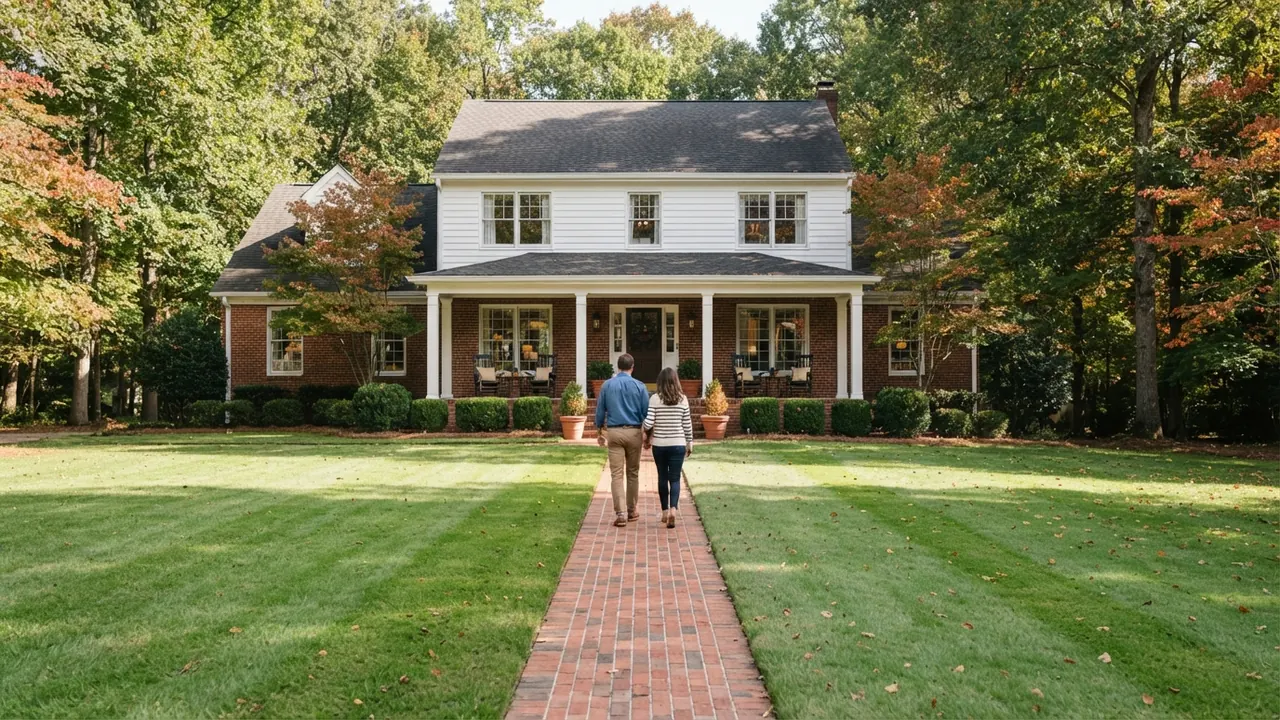 Waxhaw NC housing market featured image A couple walks up a brick front walk toward a two-story home in early fall, an illustrative scene for the Waxhaw NC housing market, not a specific Waxhaw house