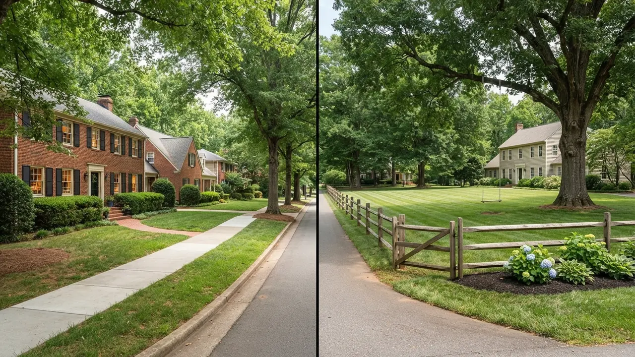 Weddington NC vs Matthews NC, town sidewalk and country frontage Weddington NC vs Matthews NC shown side by side, a town street with a concrete sidewalk beside an open country frontage with a split rail fence and a long lawn. Illustrative scene, not a photograph of either town.