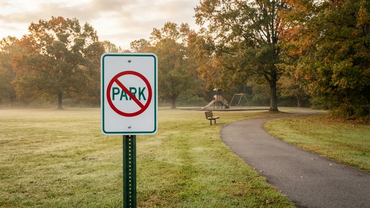 What’s missing in Weddington NC featured image What’s missing in Weddington NC: an empty park with a No Park sign, a red circle and slash over the word Park, an illustrative scene rather than a real Weddington location